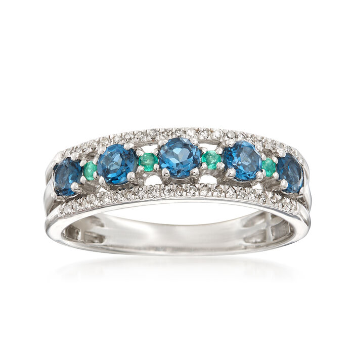 .60 ct. t.w. London Blue Topaz and .13 ct. t.w. Diamond Ring with Emerald Accents in Sterling