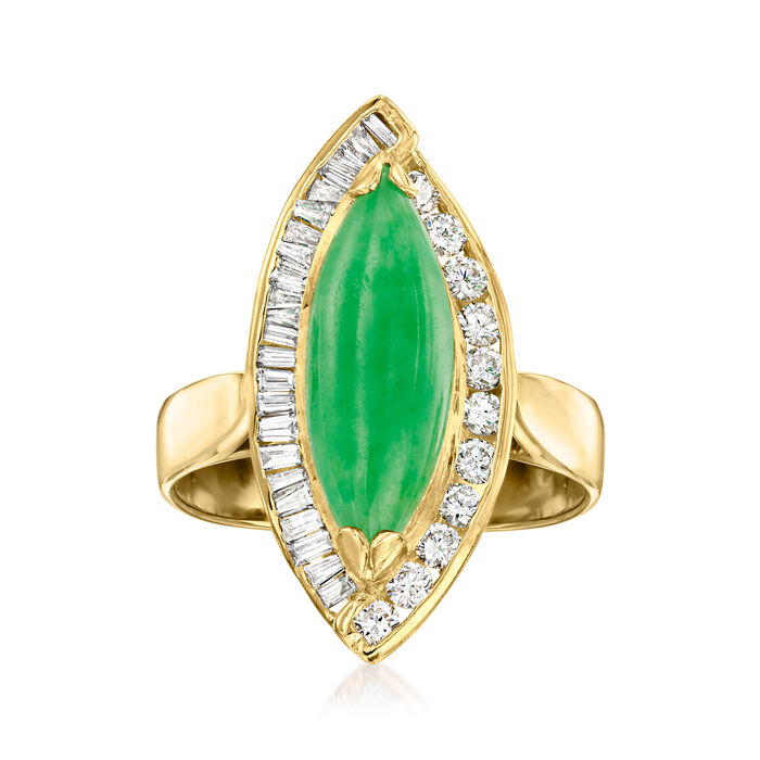 C. 1980 Vintage Jade and .65 ct. t.w. Diamond Ring in 18kt Yellow Gold