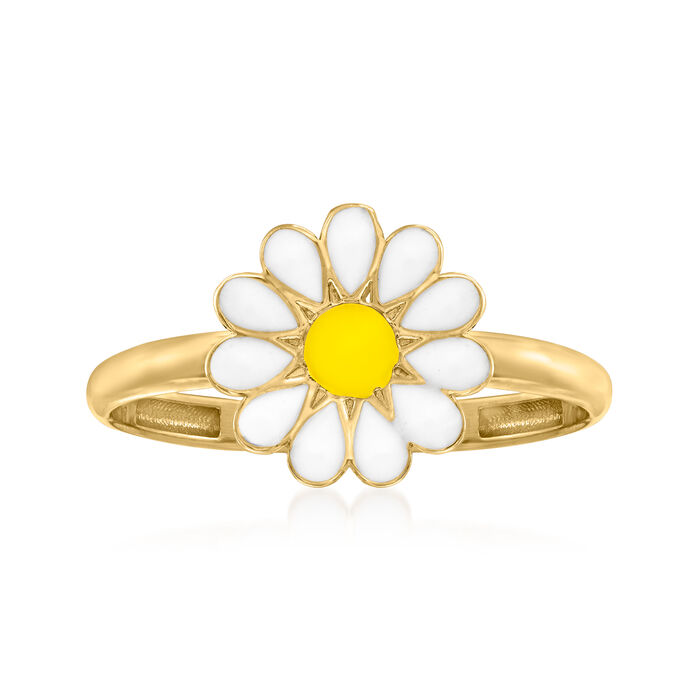 White and Yellow Enamel Daisy Ring in 14kt Yellow Gold