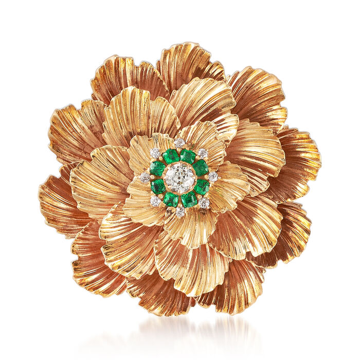 C. 1950 Vintage .65 ct. t.w. Emerald and .50 ct. t.w. Diamond Flower Pin in 14kt Yellow Gold