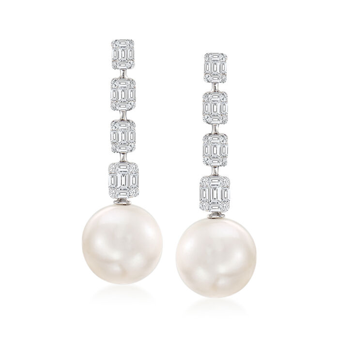 14-15mm Cultured South Sea Pearl and 1.50 ct. t.w. Baguette and Round Diamond Drop Earrings in 18kt White Gold