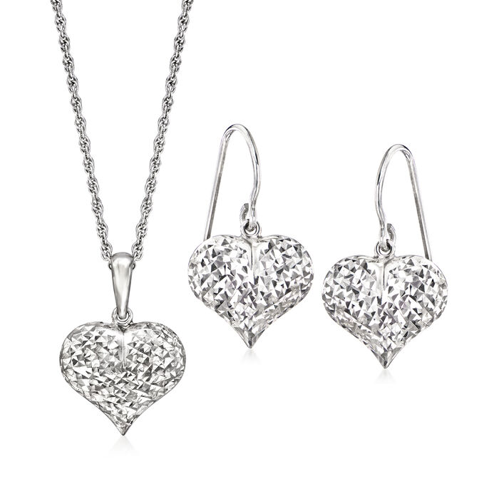 Sterling Silver Heart Jewelry Set: Drop Earrings and Pendant Necklace