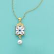Italian 9mm Cultured Pearl Majolica Tile Pendant Necklace in 18kt Gold Over Sterling