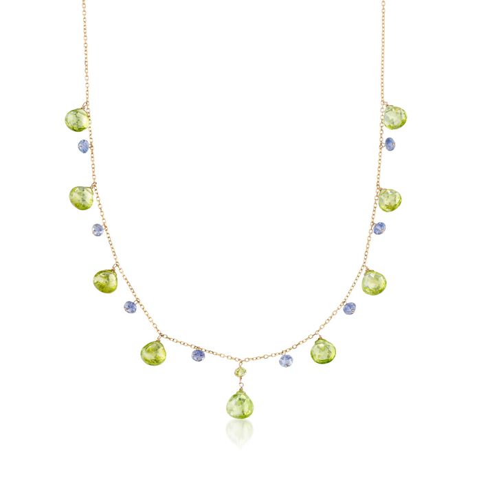 17.70 ct. t.w. Peridot and 2.00 ct. t.w. Iolite Bead Station Necklace in 14kt Yellow Gold