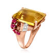 C. 1950 Vintage 21.80 Carat Citrine and 1.00 ct. t.w. Ruby Ring with .15 ct. t.w. Diamond in 14kt Rose Gold
