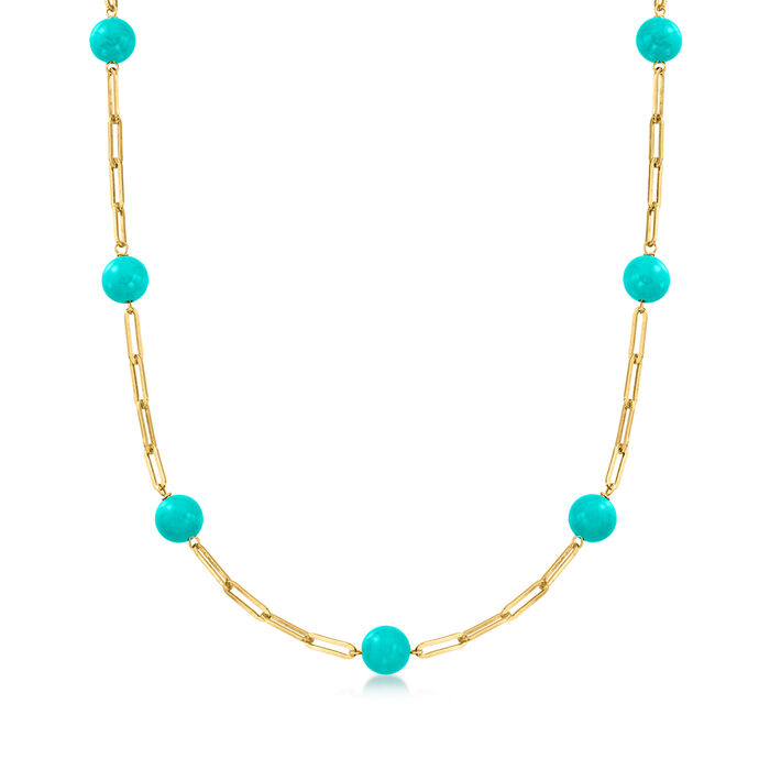 Italian 8mm Turquoise Bead Paper Clip Link Necklace in 18kt Gold Over Sterling
