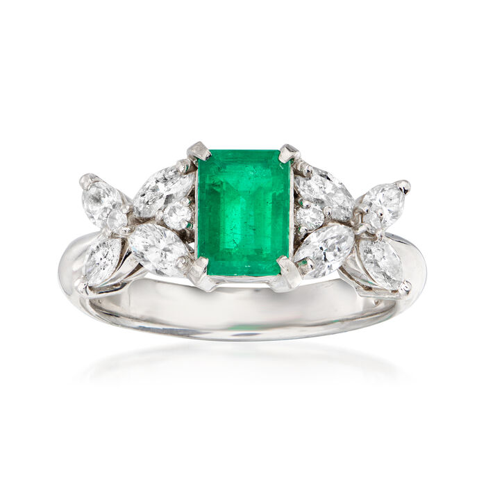C. 1980 Vintage .75 Carat Emerald and .80 ct. t.w. Diamond Ring in Platinum