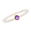 3.00 Carat Amethyst and 4-5mm Cultured Pearl Stretch Bracelet with 14kt Yellow Gold