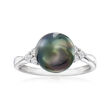 9-9.5mm Black Cultured Tahitian Pearl and .13 ct. t.w. Diamond Ring in Sterling Silver