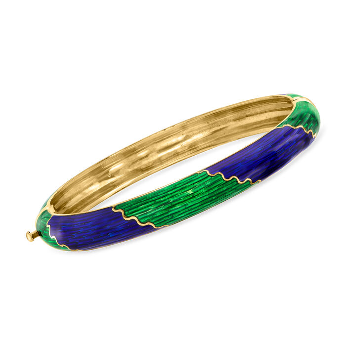 C. 1980 Vintage Blue and Green Enamel Bangle Bracelet in 18kt Yellow Gold