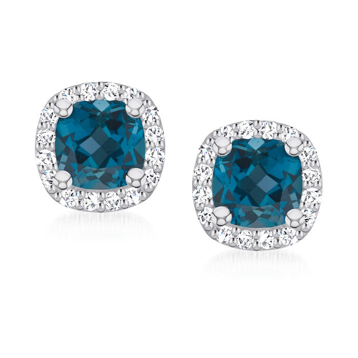 2.50 ct. t.w. London Blue Topaz Earrings with .32 ct. t.w. Diamonds in 14kt White Gold