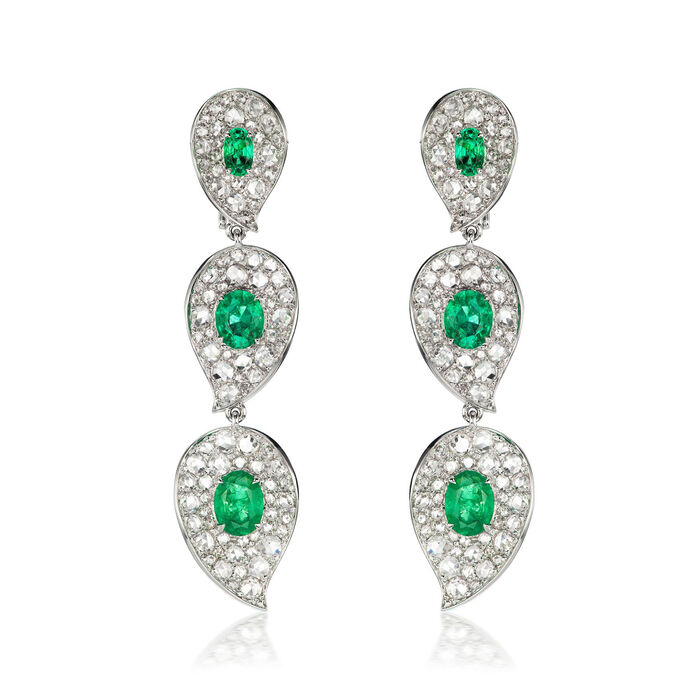 2.80 ct. t.w. Diamond and 2.74 ct. t.w. Emerald Drop Earrings in 18kt White Gold