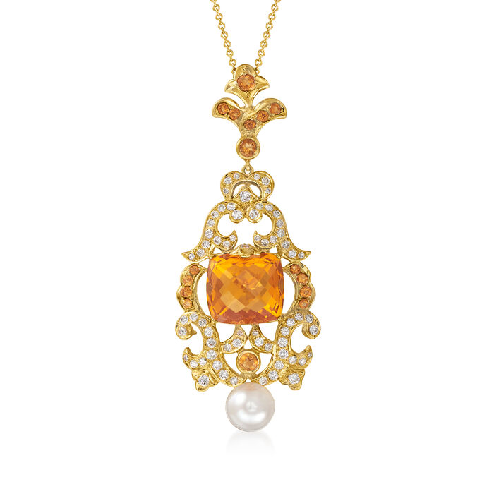 C. 1990 Vintage 8.00 ct. t.w. Citrine and 1.00 ct. t.w. Diamond Pendant Necklace with 8mm Cultured Pearl in 14kt and 18kt Gold