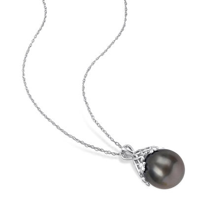 9.5-10mm Black Cultured Tahitian Pearl Pendant Necklace in 14kt White Gold