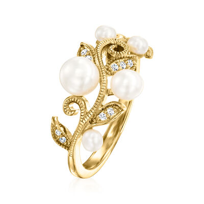 3-5.5mm Cultured Pearl Leaf Ring with Diamond Accents in 18kt Gold Over Sterling