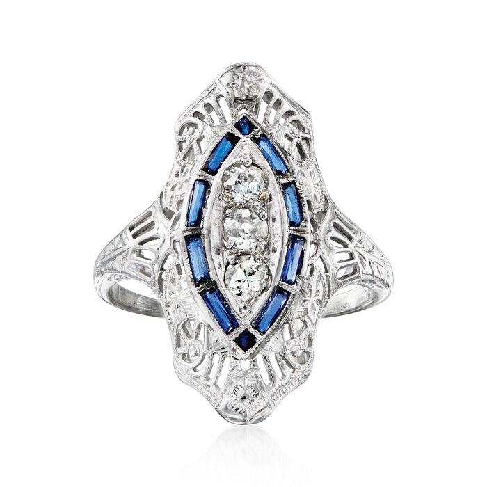 C. 1950 Vintage .35 ct. t.w. Synthetic Sapphire Filigree Ring with .30 ct. t.w. Diamonds in 18kt White Gold