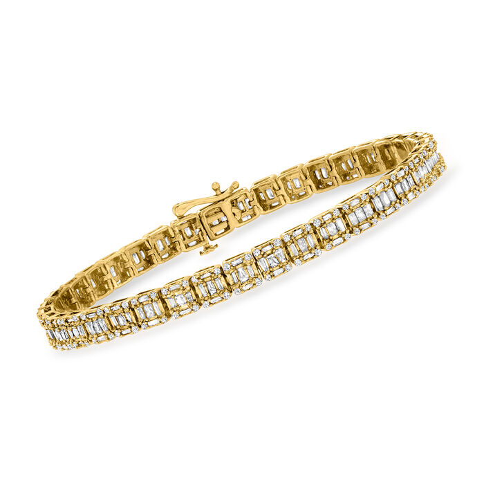 3.00 ct. t.w. Baguette and Round Diamond Rectangular Cluster Bracelet in 14kt Yellow Gold