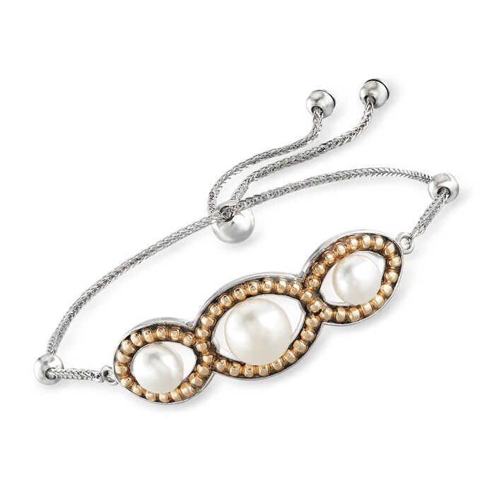 6-8.5mm Cultured Pearl Bolo Bracelet in Sterling Silver with 14kt Yellow Gold