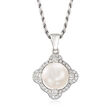 9-10mm Cultured Pearl and .20 ct. t.w. CZ Pendant Necklace in Sterling Silver