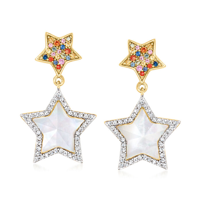 Mother-of-Pearl and .90 ct. t.w. Multi-Gemstone Star Drop Earrings in 18kt Gold Over Sterling