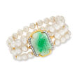 C. 1980 Vintage Jade, 6.5mm Cultured Pearl and .40 ct. t.w. Diamond Three-Row Bracelet in 14kt Yellow Gold