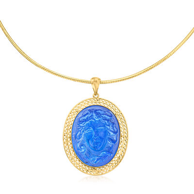 Italian Blue Venetian Glass Medusa Pendant in 18kt Gold Over Sterling