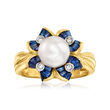 C. 2000 Vintage 8mm Cultured Pearl and 1.20 ct. t.w. Sapphire Flower Ring with Diamond Accents in 14kt Yellow Gold