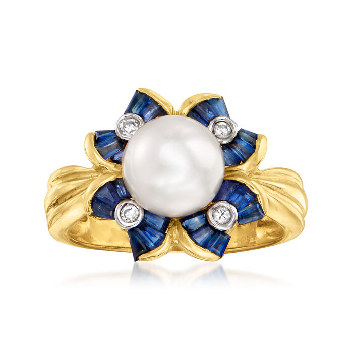 C. 2000 Vintage 8mm Cultured Pearl and 1.20 ct. t.w. Sapphire Flower Ring with Diamond Accents in 14kt Yellow Gold