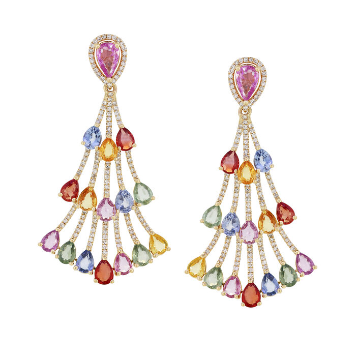 6.90 ct. t.w. Multicolored Sapphire and .61 ct. t.w. Diamond Chandelier Earrings in 18kt Yellow Gold