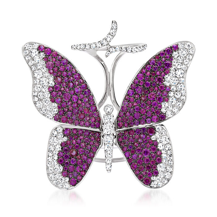 4.20 ct. t.w. Pink Sapphire and 2.05 ct. t.w. Diamond Butterfly Double Ring in 18kt White Gold