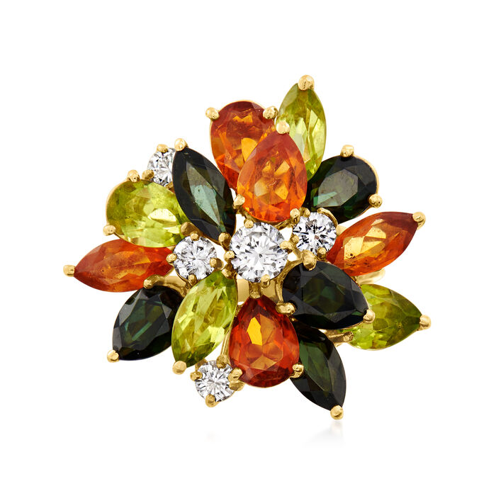 C. 1970 Vintage 8.15 ct. t.w. Multi-Gemstone and .95 ct. t.w. Diamond Cluster Ring in 18kt Yellow Gold