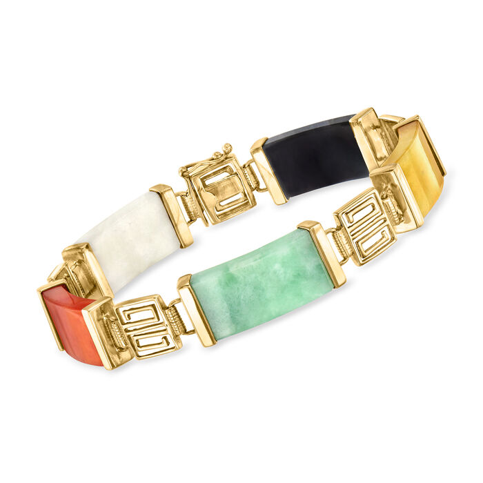 C. 1970 Vintage Onyx and Multicolored Jade Bracelet in 14kt Yellow Gold