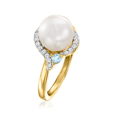 8.5-9mm Cultured Pearl, 2.30 ct. t.w. White Zircon and .10 ct. t.w. Swiss Blue Topaz Ring in 18kt Gold Over Sterling