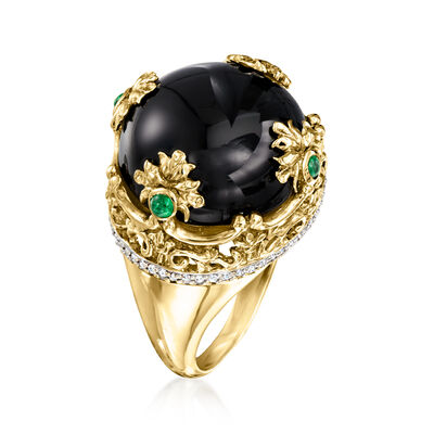 C. 1980 Vintage Onyx, .25 ct. t.w. Diamond and .20 ct. t.w. Emerald Ring in 14kt Yellow Gold