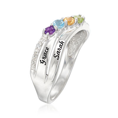 Personalized Birthstone and Name Two-Row Ring with Diamond Accents in Sterling Silver