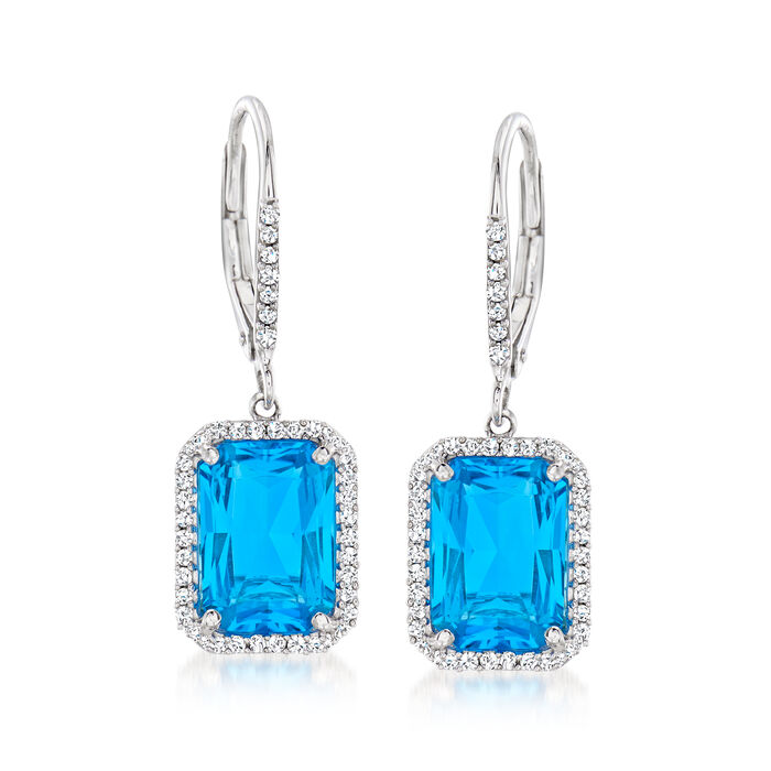 6.75 ct. t.w. Swiss Blue Topaz and .32 ct. t.w. Diamond Drop Earrings in 14kt White Gold