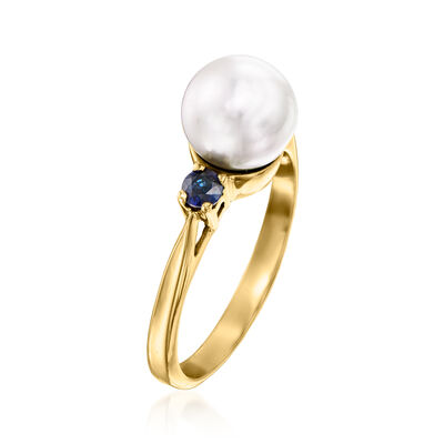 C. 1980 Vintage Tiffany Jewelry 7.5mm Cultured Pearl Ring with .25 ct. t.w. Sapphires in 18kt Yellow Gold