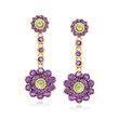 6.75 ct. t.w. Amethyst and 1.70 ct. t.w. White Zircon Floral Drop Earrings with .40 ct. t.w. Peridot in 18kt Gold Over Sterling