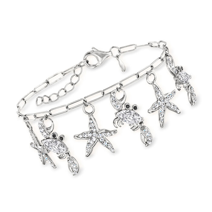 6.09 ct. t.w. White Topaz Starfish and Crab Paper Clip Link Bracelet with .10 ct. t.w. Black Spinel in Sterling Silver