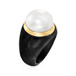 Black Agate and 14-15mm Cultured Pearl Ring with 14kt Yellow Gold
