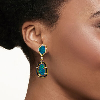 Black Opal Drop Earrings with .90 ct. t.w. Diamonds in 18kt Yellow Gold
