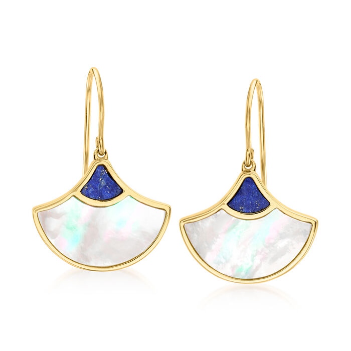 Mother-of-Pearl and Lapis Fan Drop Earrings in 18kt Gold Over Sterling