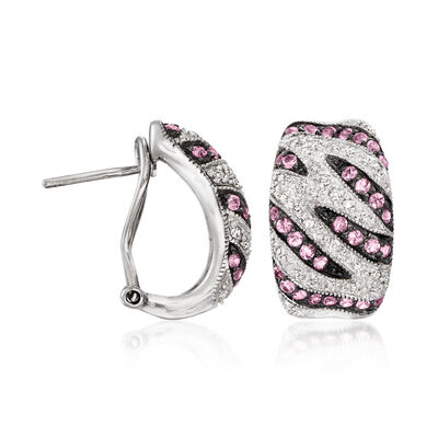 C. 1990 Vintage 1.20 ct. t.w. Pink Sapphire and .70 ct. t.w. Diamond Striped Earrings in 14kt White Gold