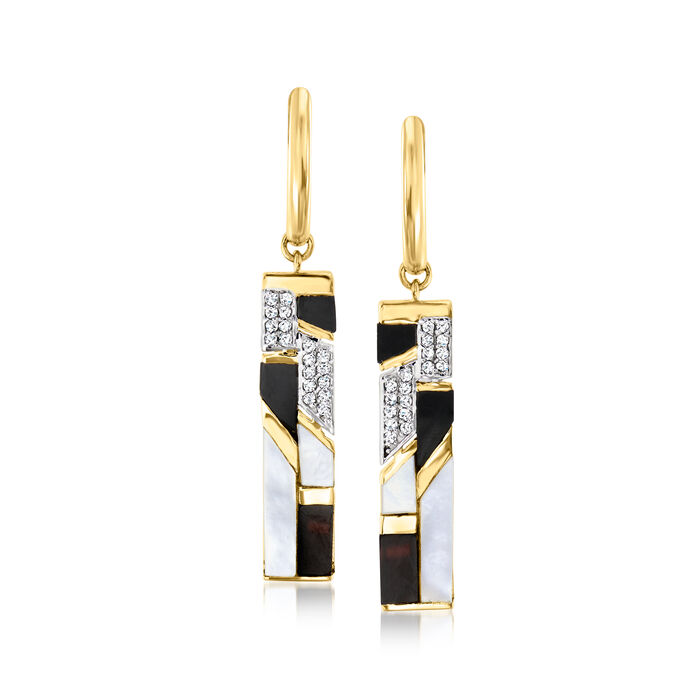 Mother-of-Pearl and Onyx Drop Earrings with .10 ct. t.w. White Topaz in 18kt Yellow Gold Over Sterling