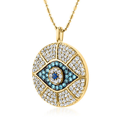 .10 Carat Sapphire, .40 ct. t.w. Sky Blue Topaz and 1.20 ct. t.w. Diamond Evil Eye Pendant Necklace in 14kt Yellow Gold
