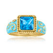 2.00 Carat London Blue Topaz Ring with White Topaz Accents and Blue Enamel in 18kt Gold Over Sterling