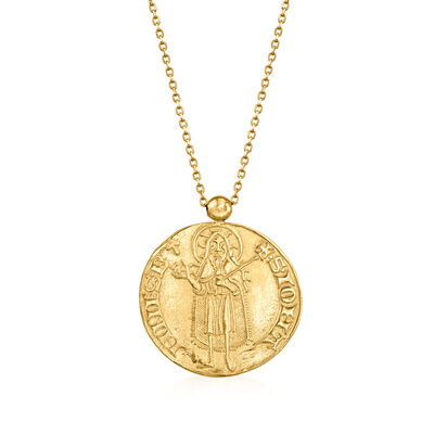 Italian 14kt Yellow Gold St. John and Fleur-De-Lis Reversible Pendant Necklace