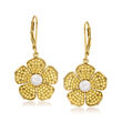 5-5.5mm Cultured Pearl and 2.10 ct. t.w. Yellow Sapphire Flower Drop Earrings in 18kt Gold Over Sterling