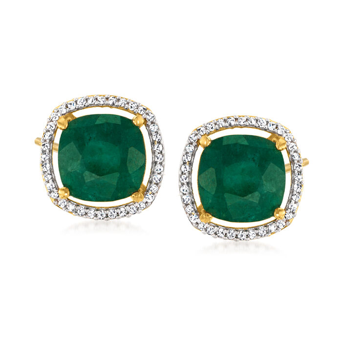 4.00 ct. t.w. Emerald and .19 ct. t.w. Diamond Earrings in 18kt Gold Over Sterling