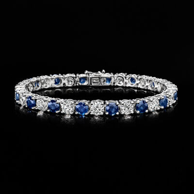 11.00 ct. t.w. Sapphire and 10.00 ct. t.w. Lab-Grown Diamond Tennis Bracelet in 14kt White Gold